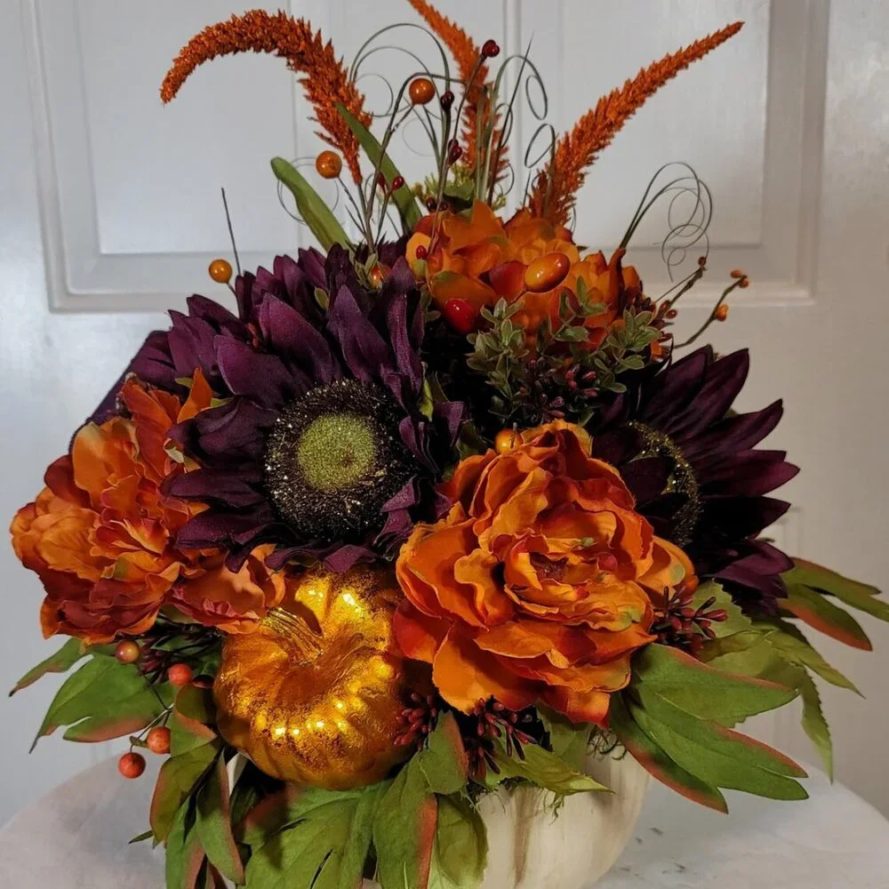Fall Pumpkin with Purple Sunflowers & Orange Peonies Floral Arrangement - Medium